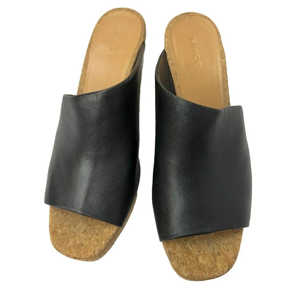 Vince. Wyatt Slide Sandal Cork Platform & Block Heel Black‎ Leather Upper SZ 9.5